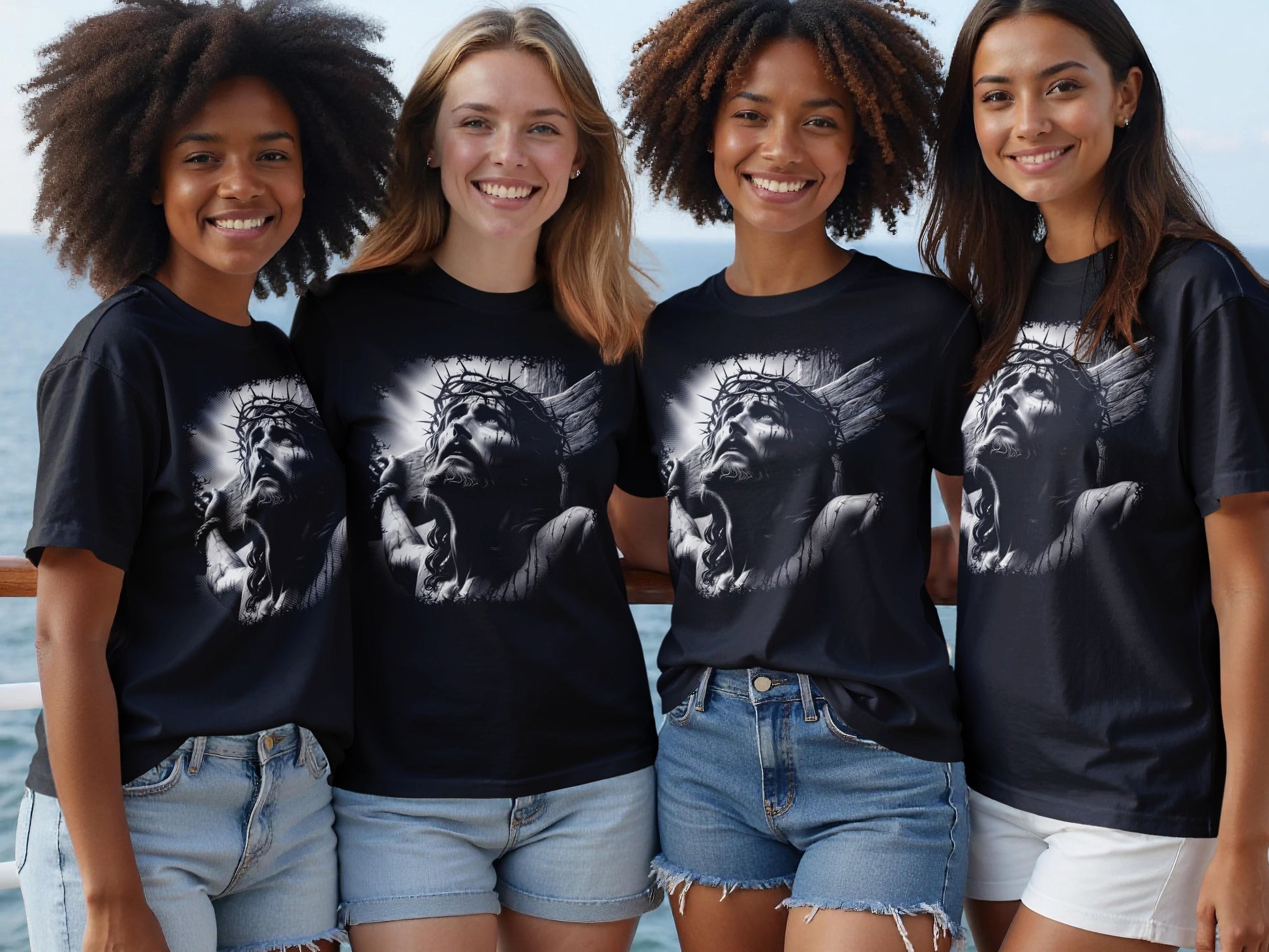 Four women wearing t-shirts featuring a detailed image of Jesus Christ on the cross.