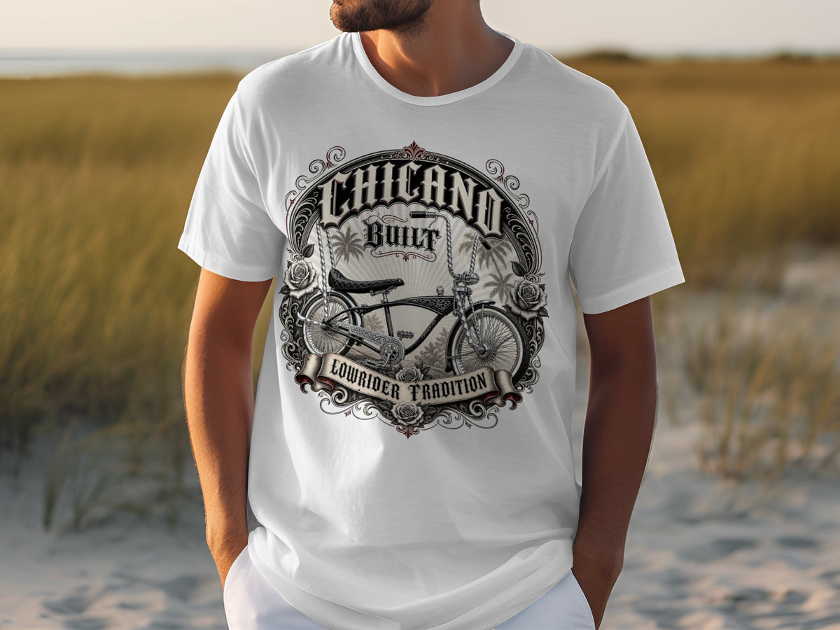 White t-shirt with circular graphic of a lowrider bicycle, palms, and roses.