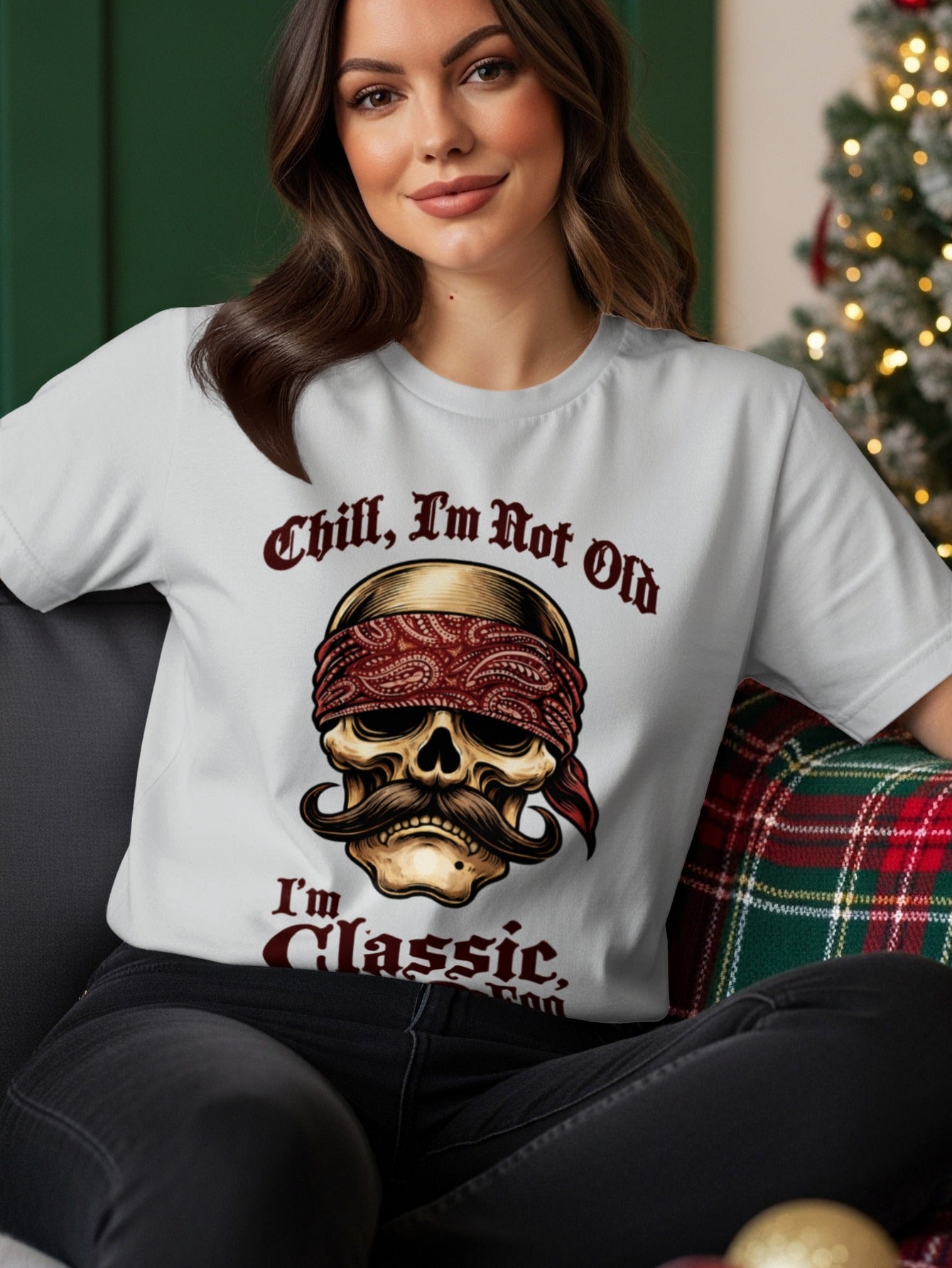 Skull with bandana and mustache on a white t-shirt, text reads "Chill, I'm Not Old, I'm Classic".