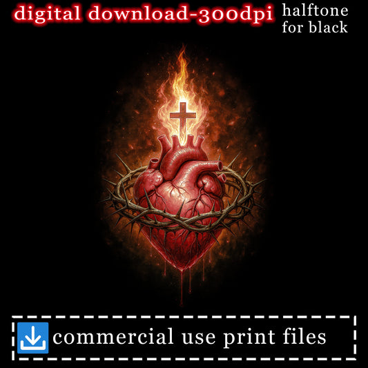 Sacred heart illustration with crown of thorns and cross, digital download.