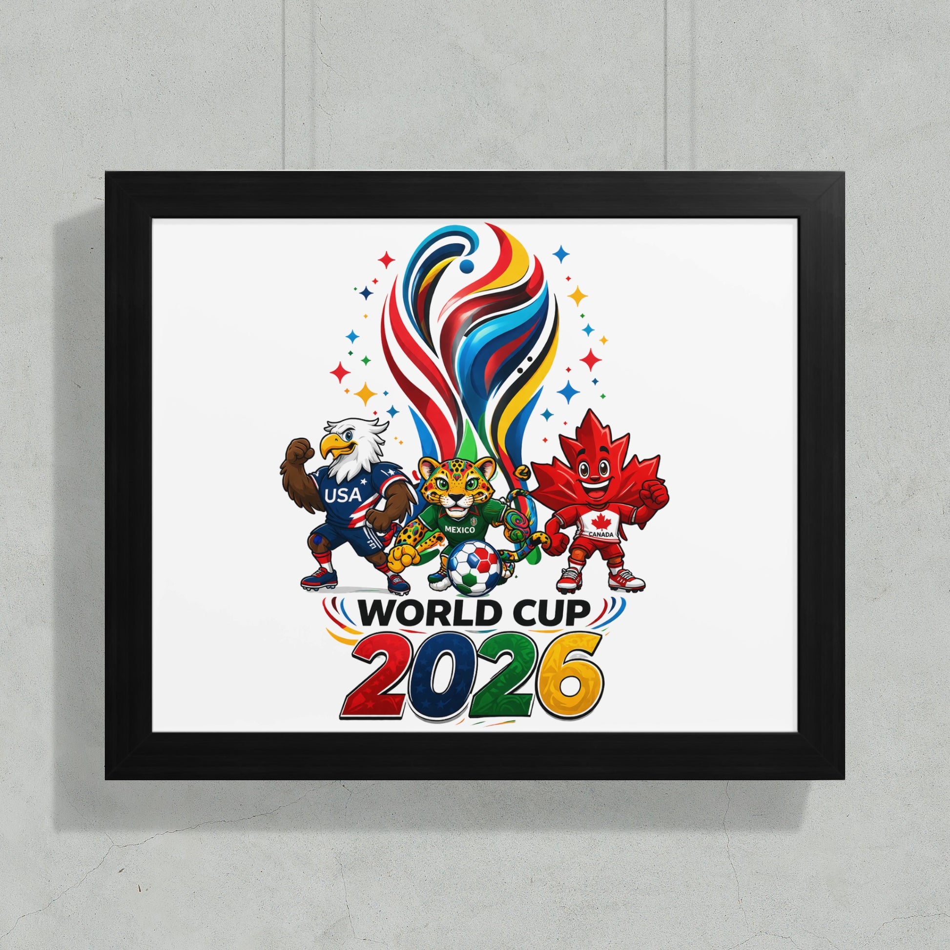 Mascots from USA, Mexico, and Canada with the World Cup 2026 logo.