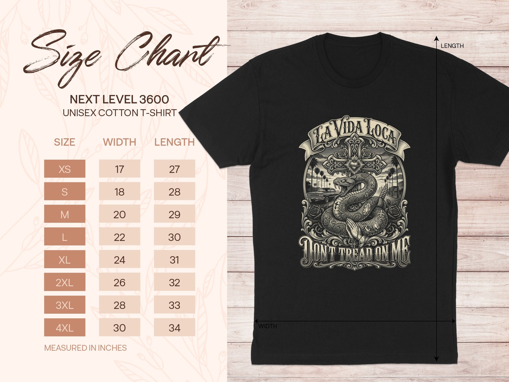 Size chart for Next Level 3600 unisex cotton t-shirt with measurements.