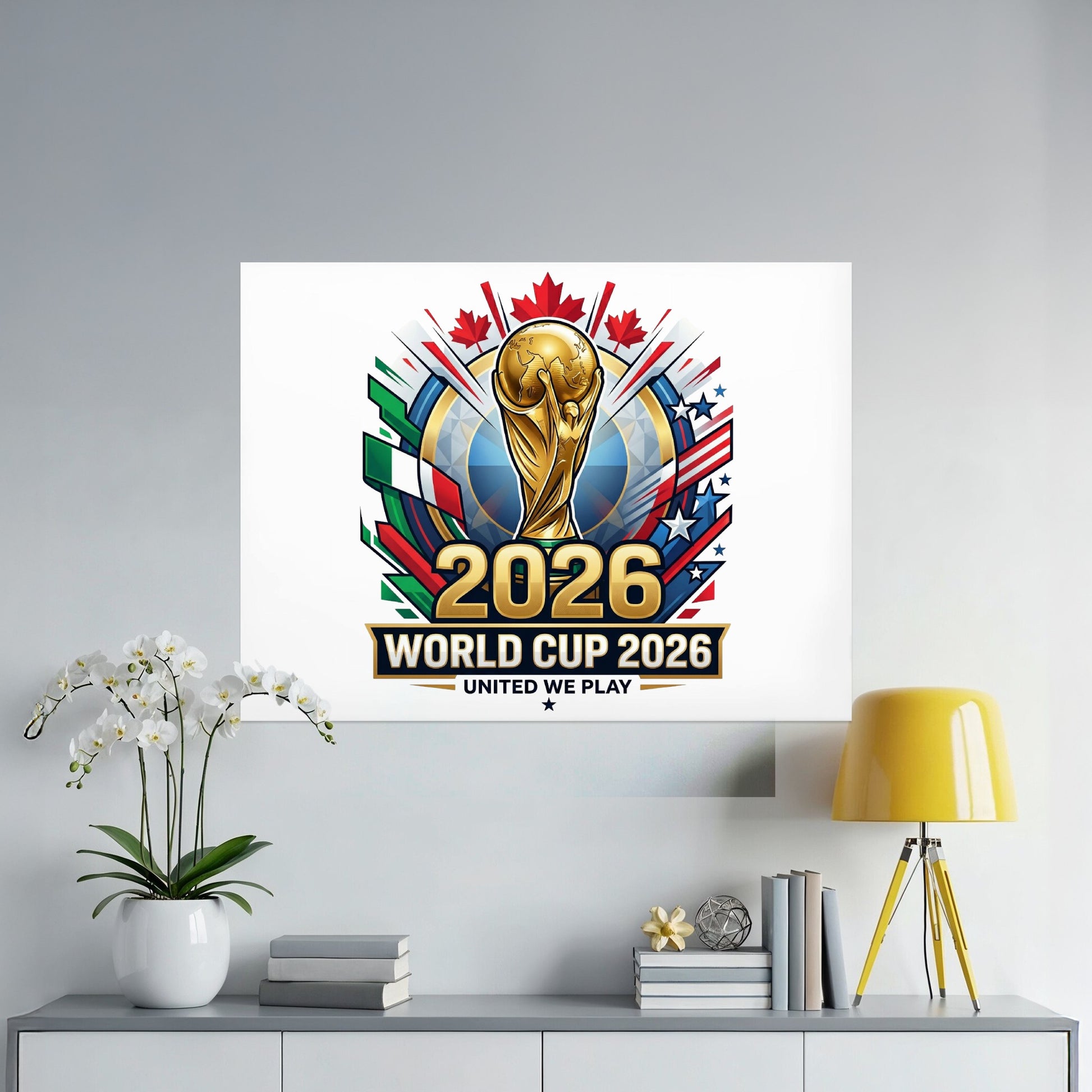 2026 World Cup United We Play trophy with flags and stars.