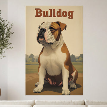 English Bulldog sitting outdoors, with "Bulldog" text above.