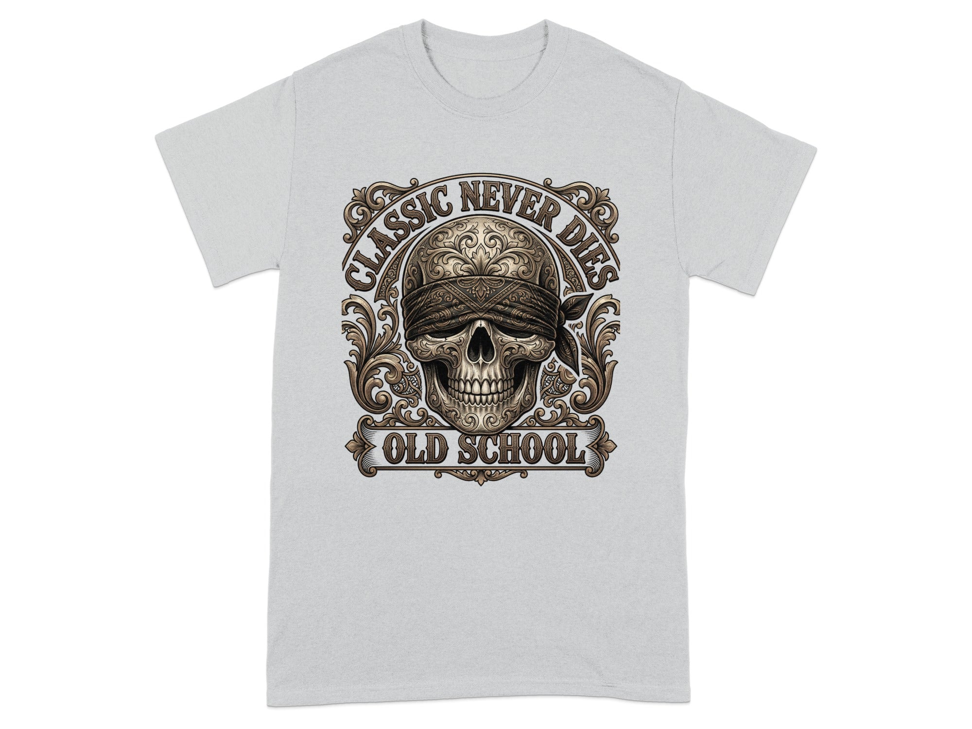 T-shirt with a skull graphic and text "CLASSIC NEVER DIES OLD SCHOOL".