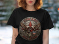 Black t-shirt with circular Chicano Brown Pride All Star graphic, eagle, snake, and stars.