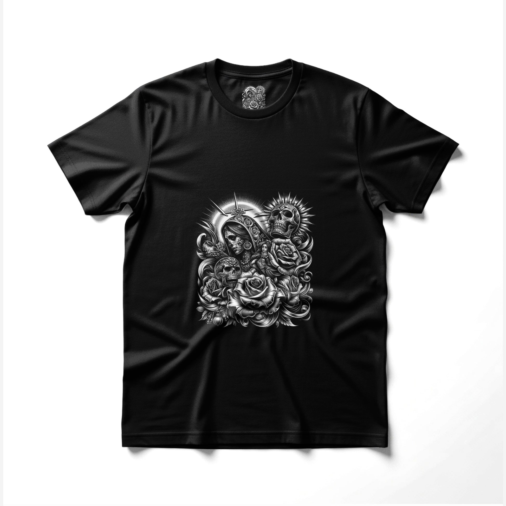 Black t-shirt with grayscale design of skulls, roses, and a haloed figure.
