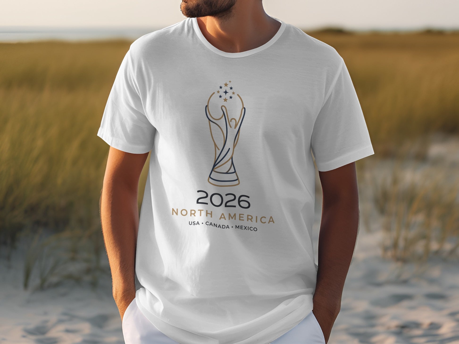 White t-shirt featuring 2026 North America USA Canada Mexico trophy logo.