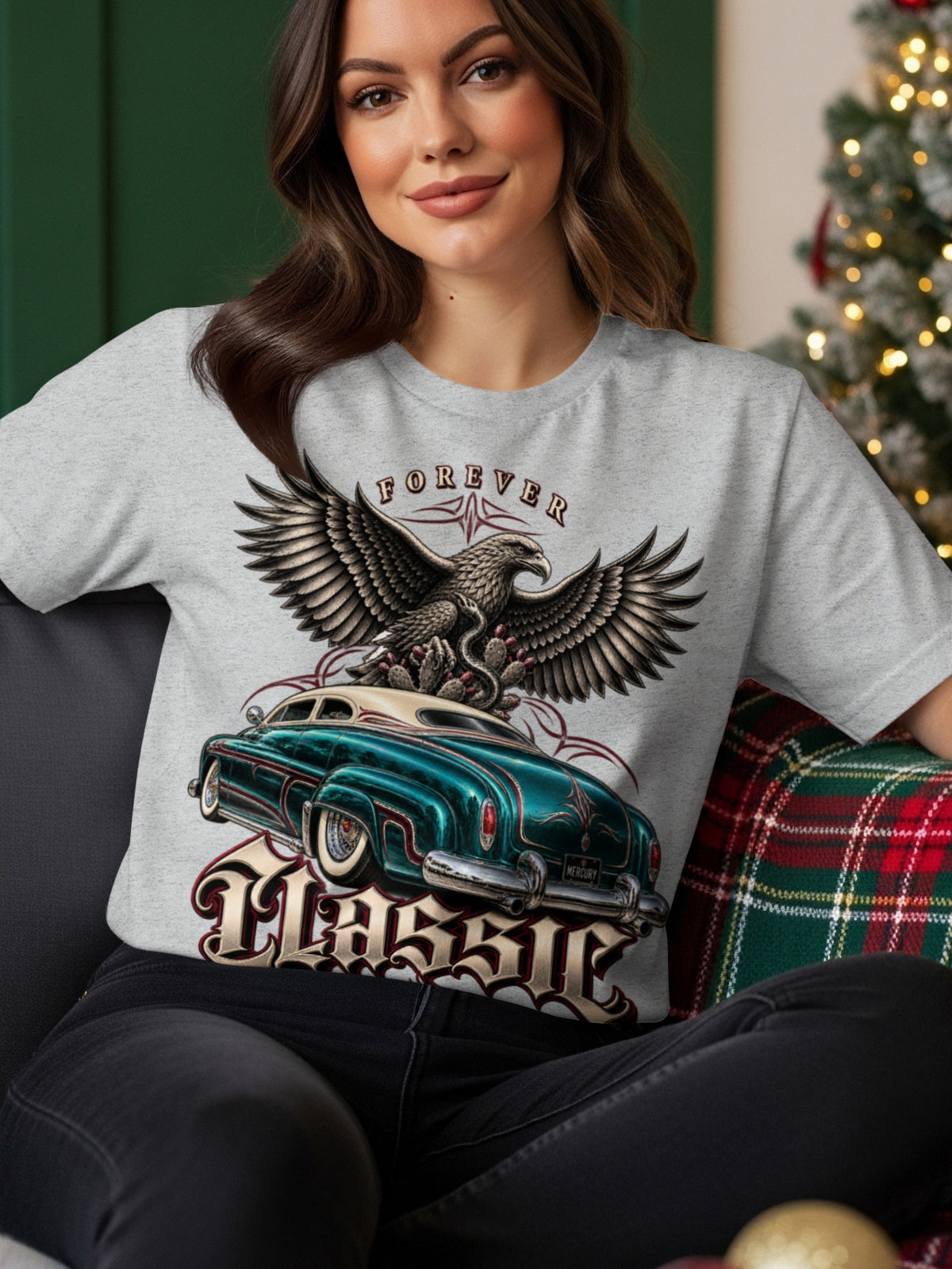 Gray t-shirt with eagle, cactus, and classic car graphic, text "FOREVER CLASSIC".