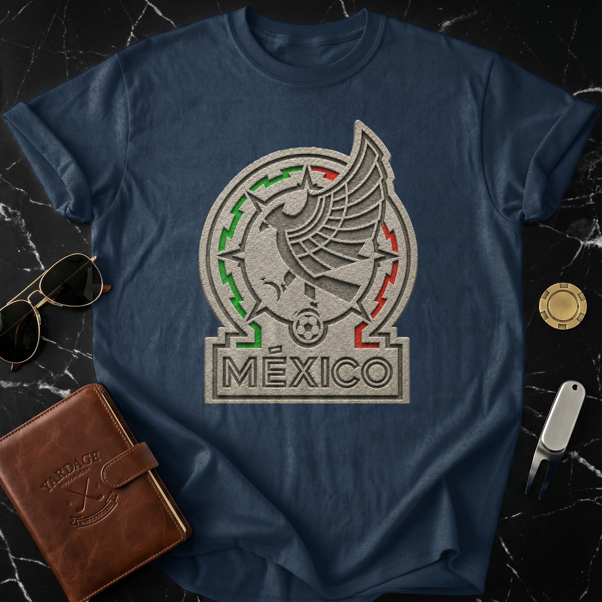 Navy blue t-shirt with the Mexico national team logo embroidered on the chest.