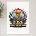 2026 World Cup logo with trophy, flags, and stars.