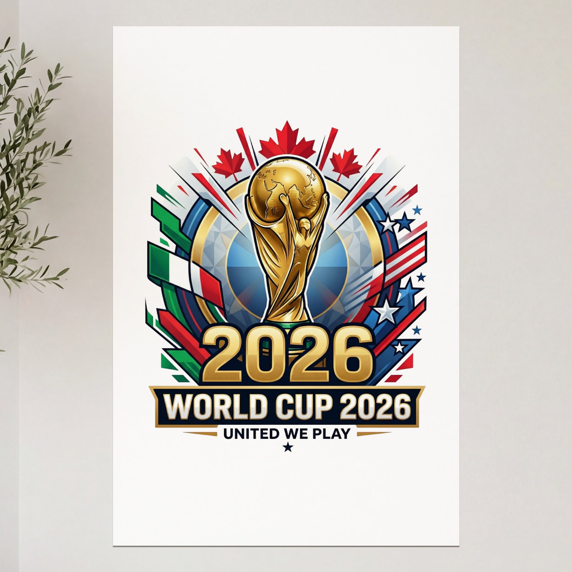 2026 World Cup logo with trophy, flags, and stars.