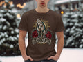 Brown t-shirt with praying hands, rosary, roses, and the word 