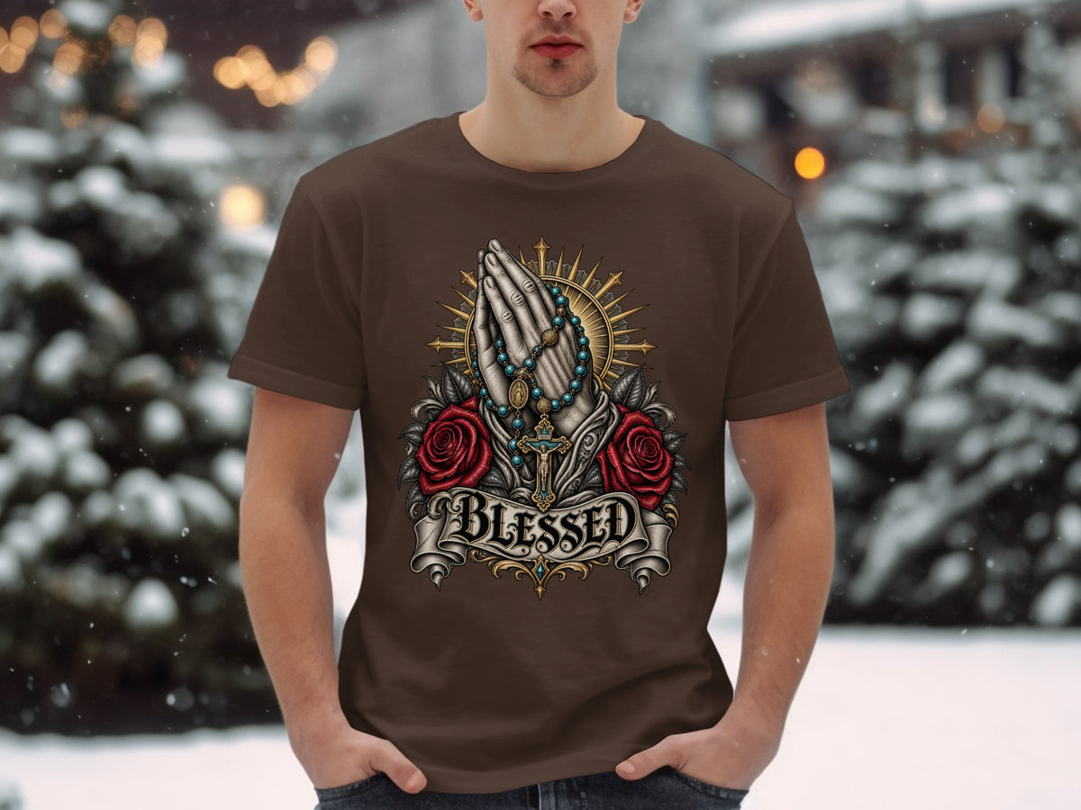 Brown t-shirt with praying hands, rosary, roses, and the word "BLESSED".