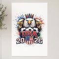 USA 2026 soccer emblem with eagles and crown on splattered background.