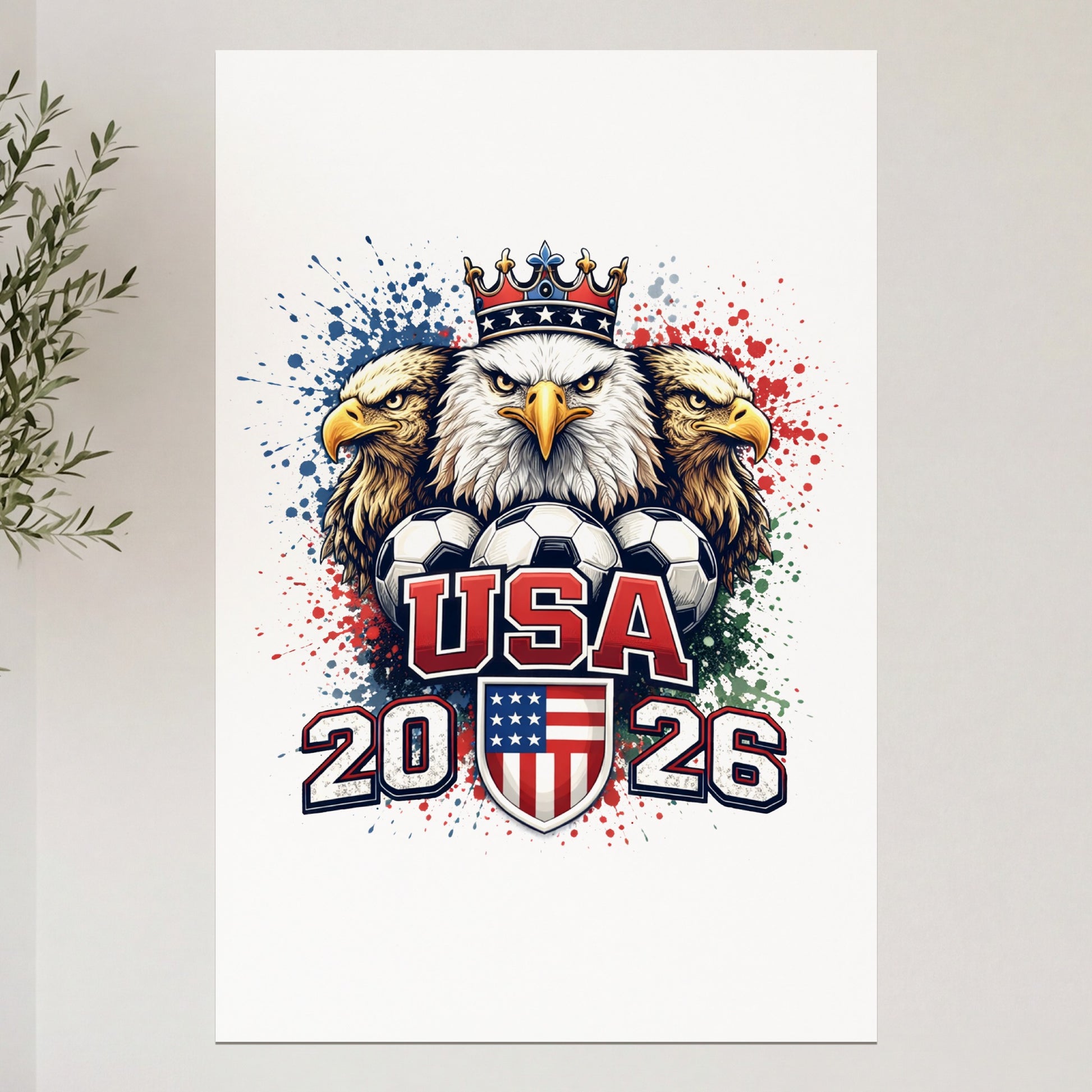 USA 2026 soccer emblem with eagles and crown on splattered background.