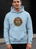 Light blue hoodie with circular graphic: 
