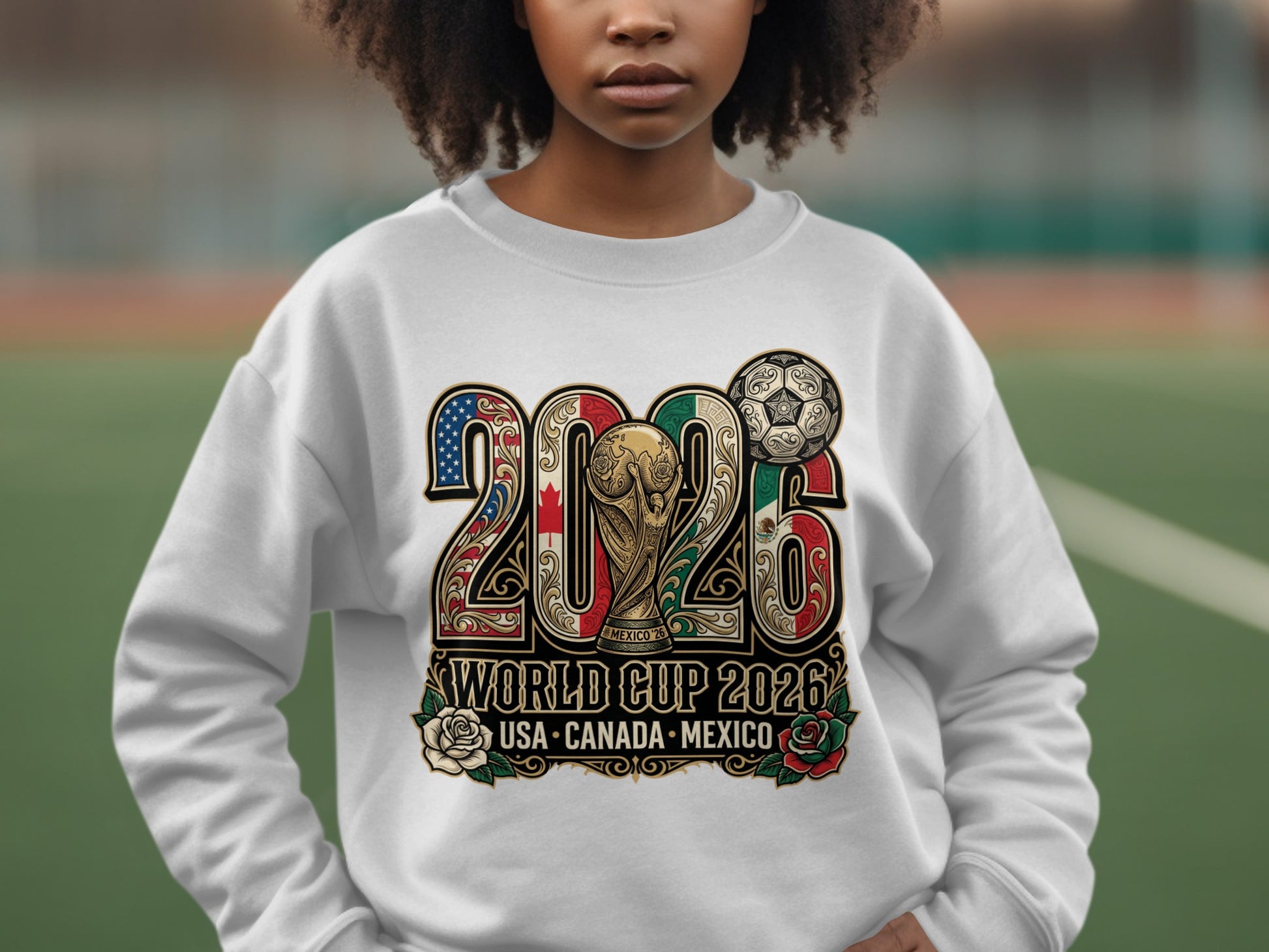 2026 World Cup USA, Canada, Mexico graphic on white sweatshirt.