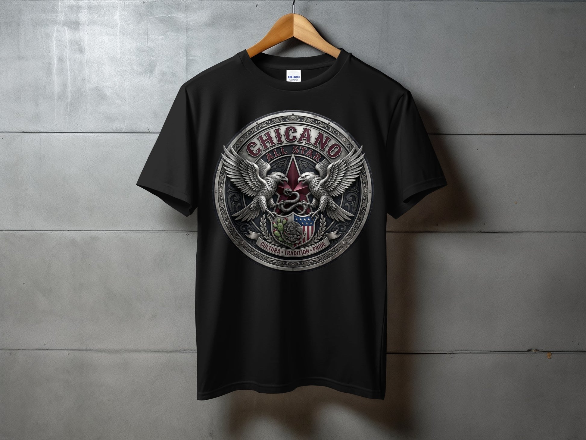 Black t-shirt with circular "Chicano All Star" emblem featuring eagles and shield.