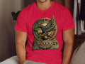 Red t-shirt with a circular Mexican emblem featuring an eagle and 