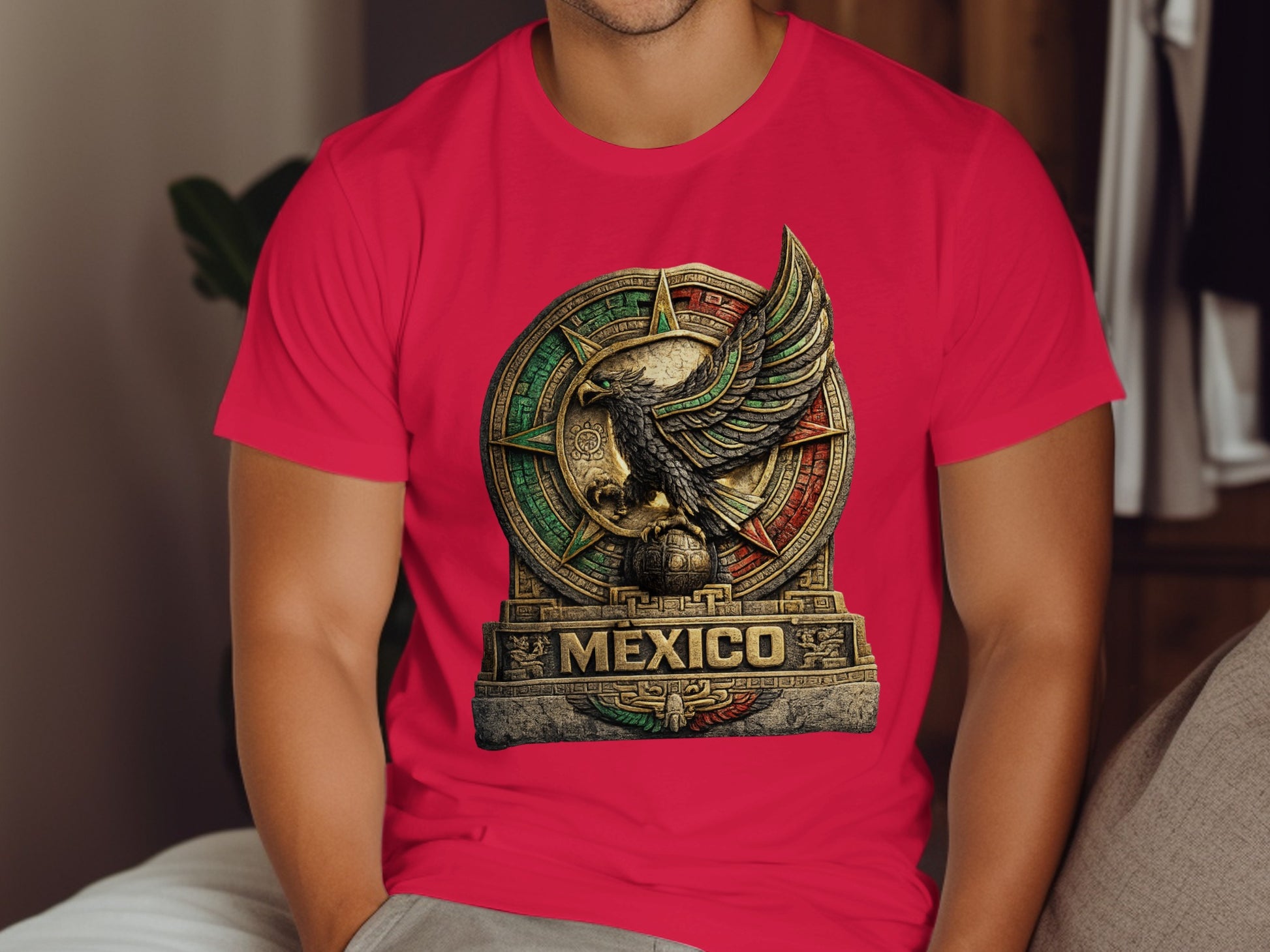 Red t-shirt with a circular Mexican emblem featuring an eagle and "MEXICO" text.
