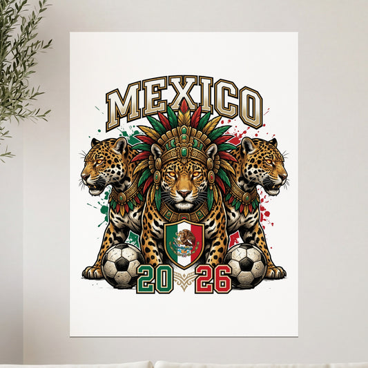 Three jaguars in headdresses with soccer balls, text MEXICO 20 26.