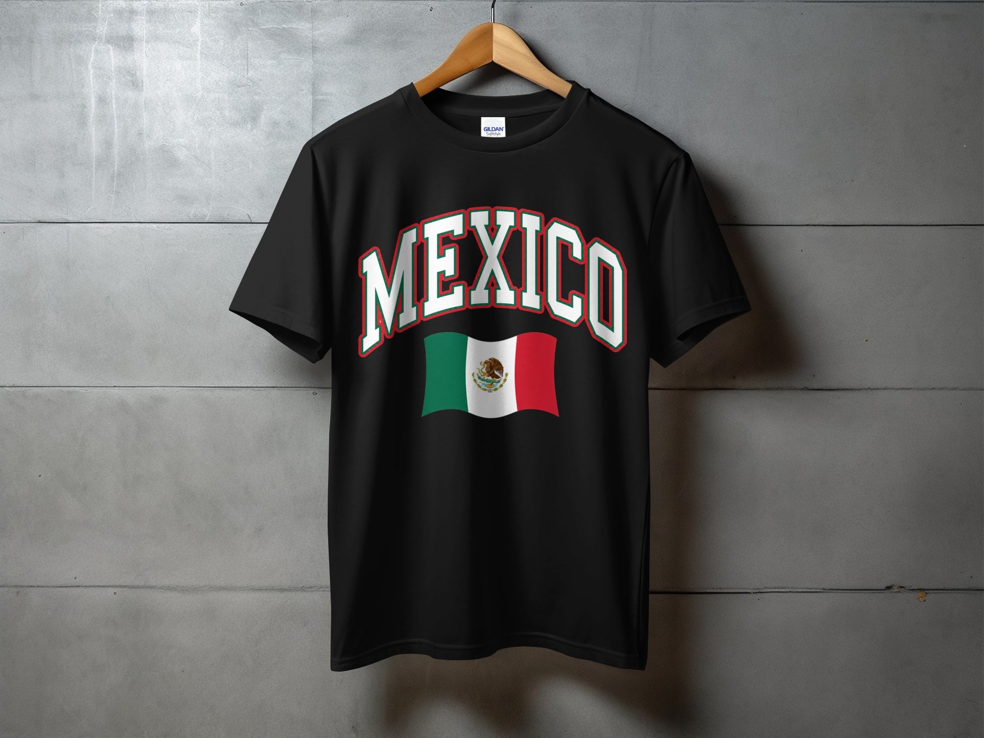 Black t-shirt with "MEXICO" text and Mexican flag on a hanger.