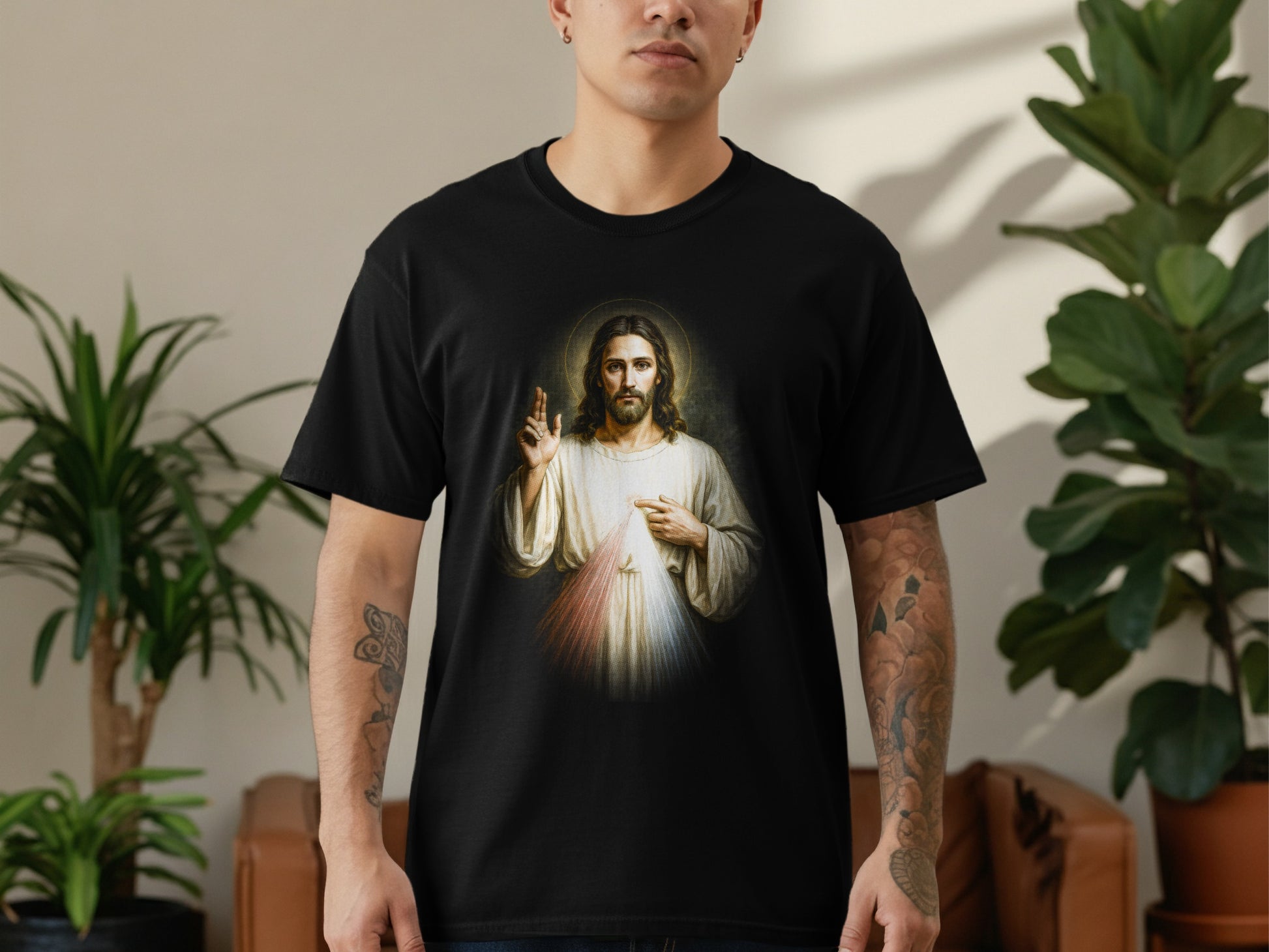 Jesus Christ with halo on a black t-shirt.