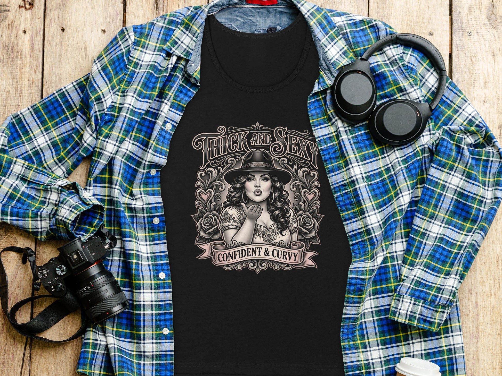 Black t-shirt with woman graphic, "Thick & Sexy Confident & Curvy" text.