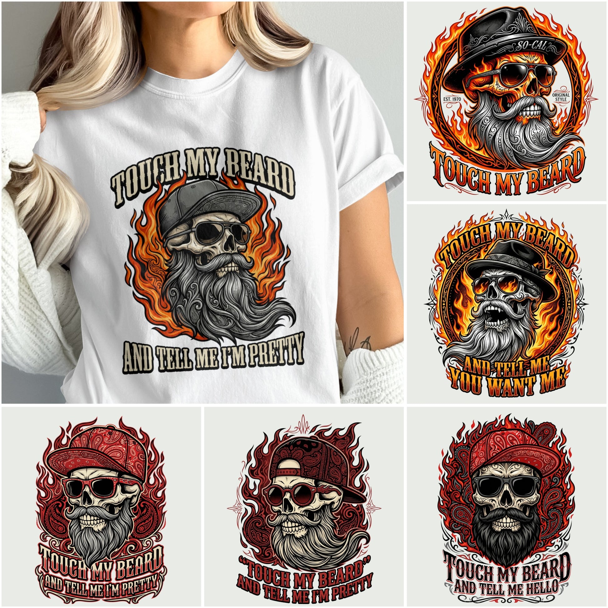 T-shirt graphic collage of skull with beard and sunglasses, text says "Touch My Beard".