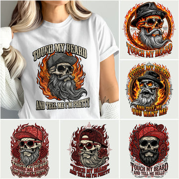T-shirt graphic collage of skull with beard and sunglasses, text says "Touch My Beard".