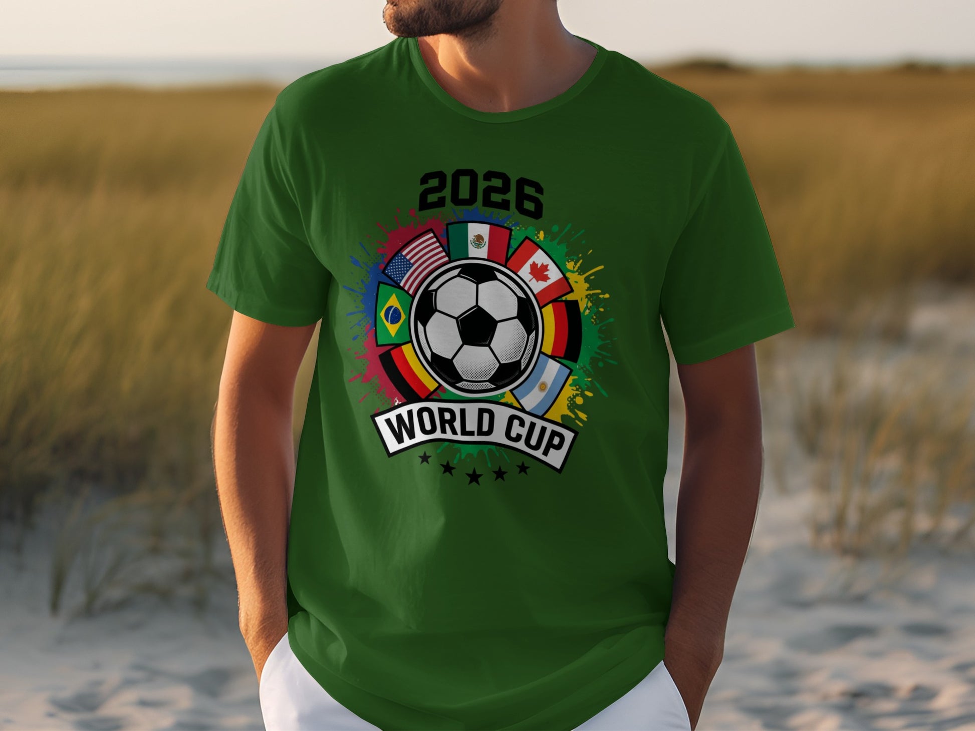 Green t-shirt with 2026 World Cup logo featuring flags, soccer ball, and stars.