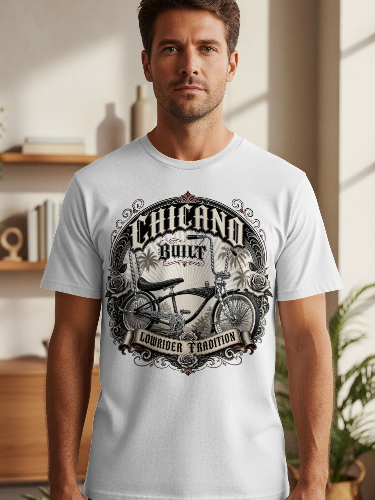 White t-shirt with circular graphic: "Chicano Built Lowrider Tradition," featuring a lowrider bicycle.