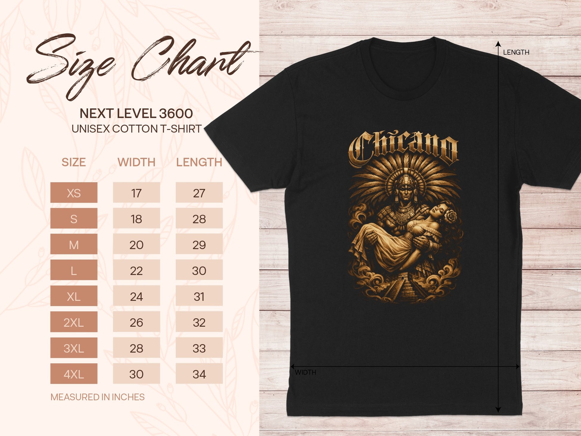 Size chart for Next Level 3600 unisex cotton t-shirt with measurements.