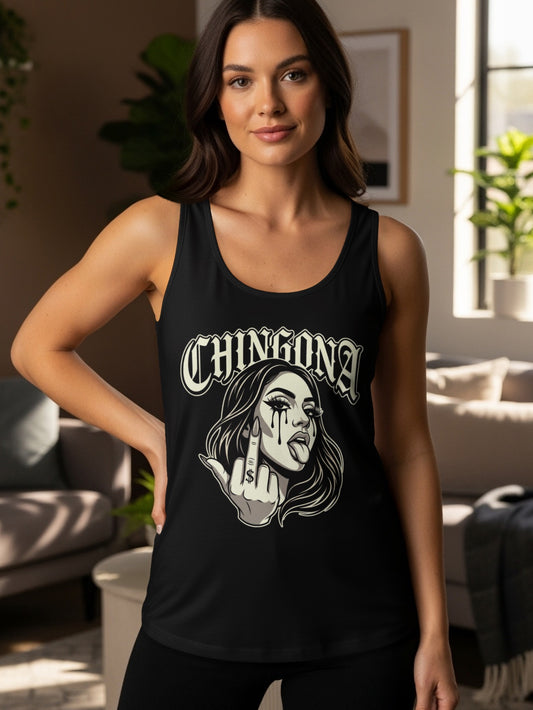 Black tank top with "CHINGONA" text and a woman giving the middle finger.