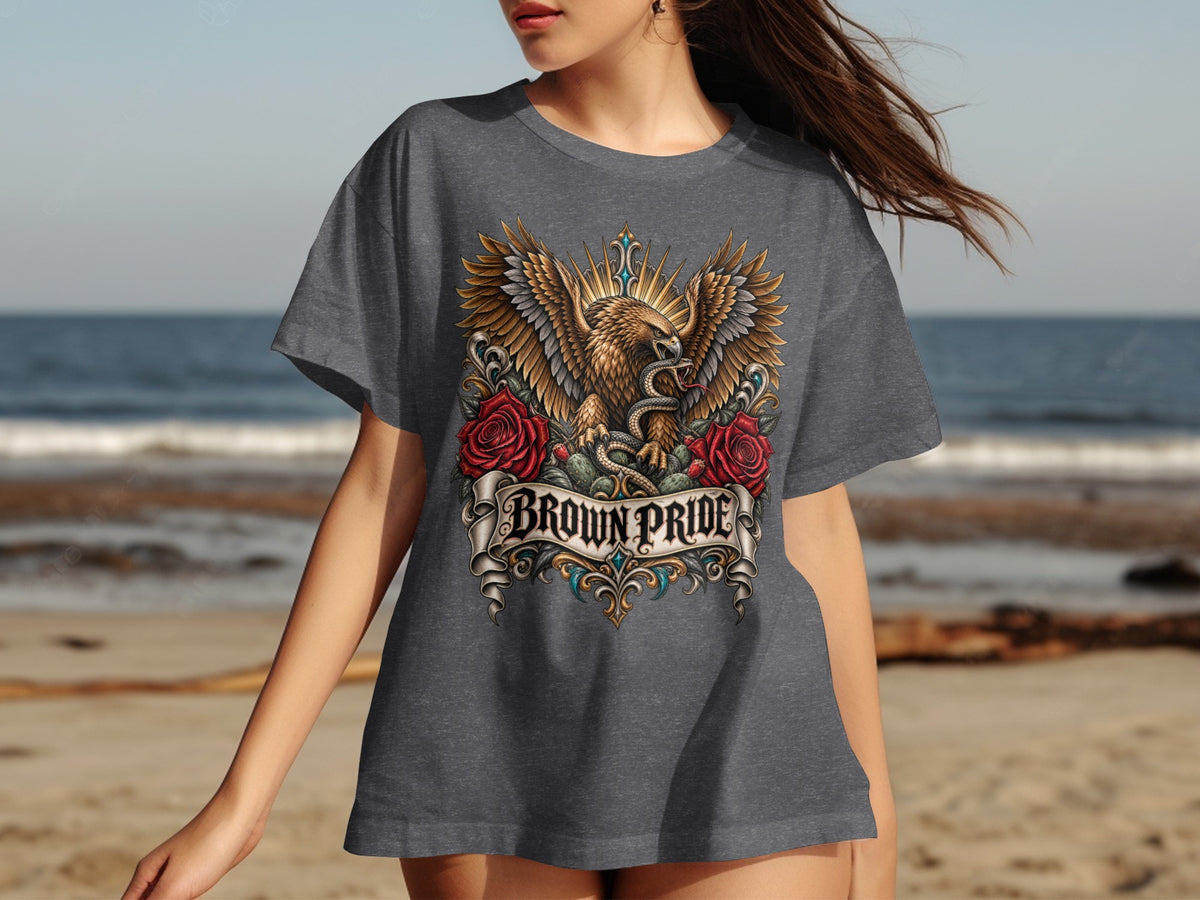 T-shirt with eagle, snake, roses, and text "BROWN PRIDE".