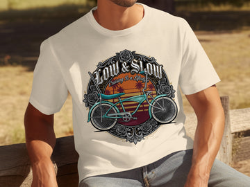 T-shirt with a graphic of a lowrider bicycle, palm trees, and the text "Low & Slow Cruising Is A Lifestyle".