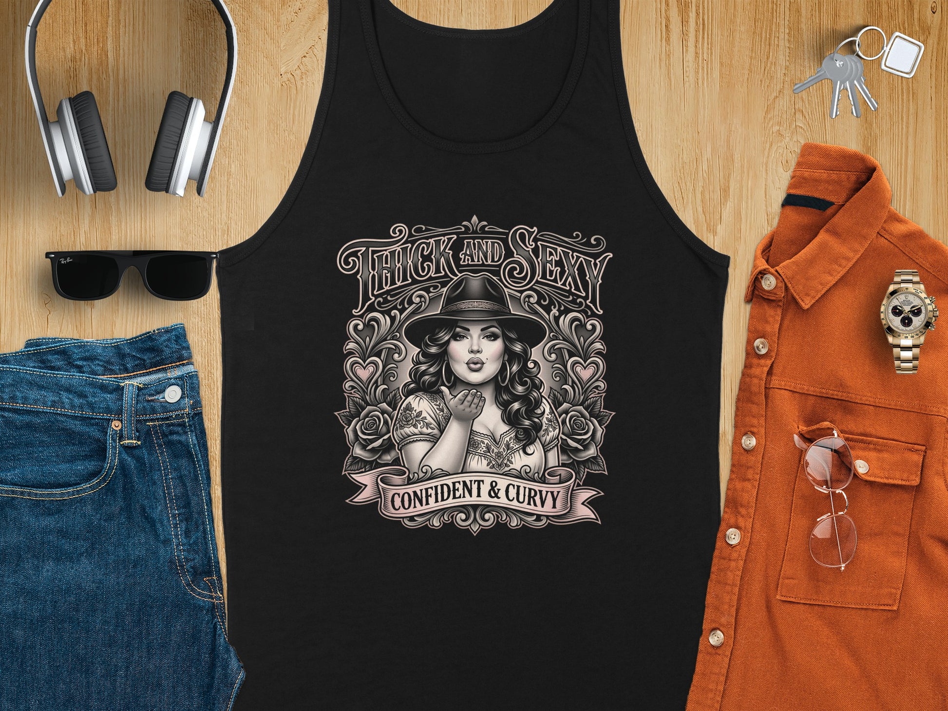 Black tank top with "Thick and Sexy" and "Confident & Curvy" text and a woman in a hat.