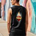 Black tank top with Sacred Heart graphic featuring sword and roses.