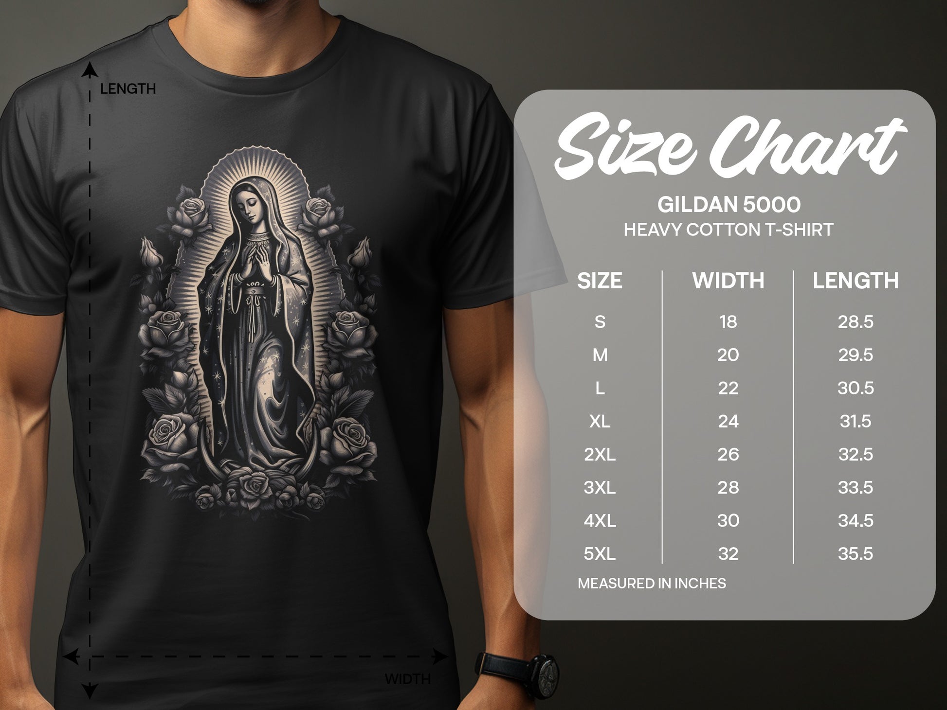 Gildan 5000 Heavy Cotton T-Shirt size chart for width and length measurements.