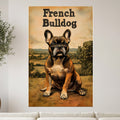 French Bulldog sitting outdoors in a landscape, title at top.