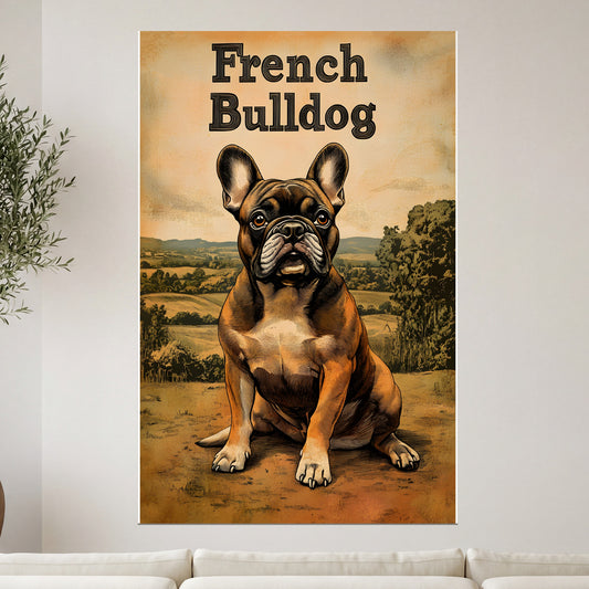 French Bulldog sitting outdoors in a landscape, title at top.