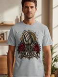 Gray t-shirt with praying hands, rosary, red roses, and 