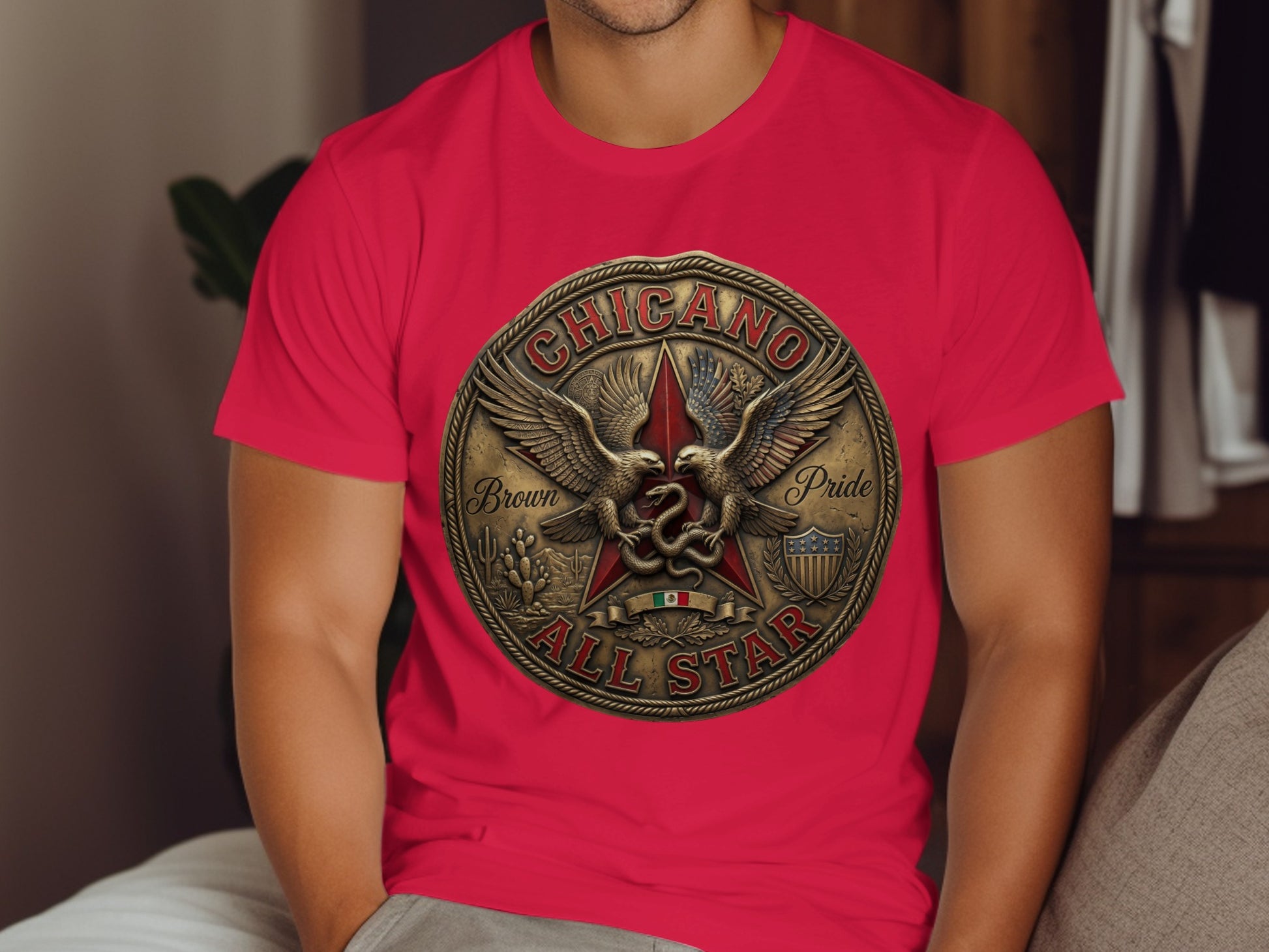 Red t-shirt with Chicano All Star circular emblem featuring eagles and stars.