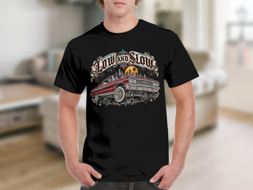 Black t-shirt with "Low and Slow" text and a red classic car graphic.