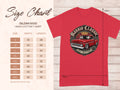 Gildan 5000 Heavy Cotton T-Shirt size chart with red truck graphic.