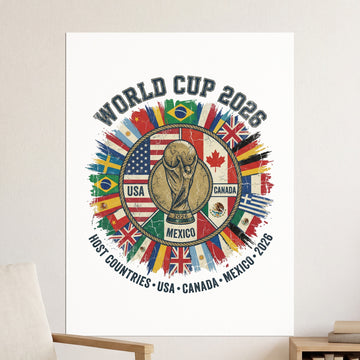 World Cup 2026 logo with flags and host countries USA, Canada, Mexico.