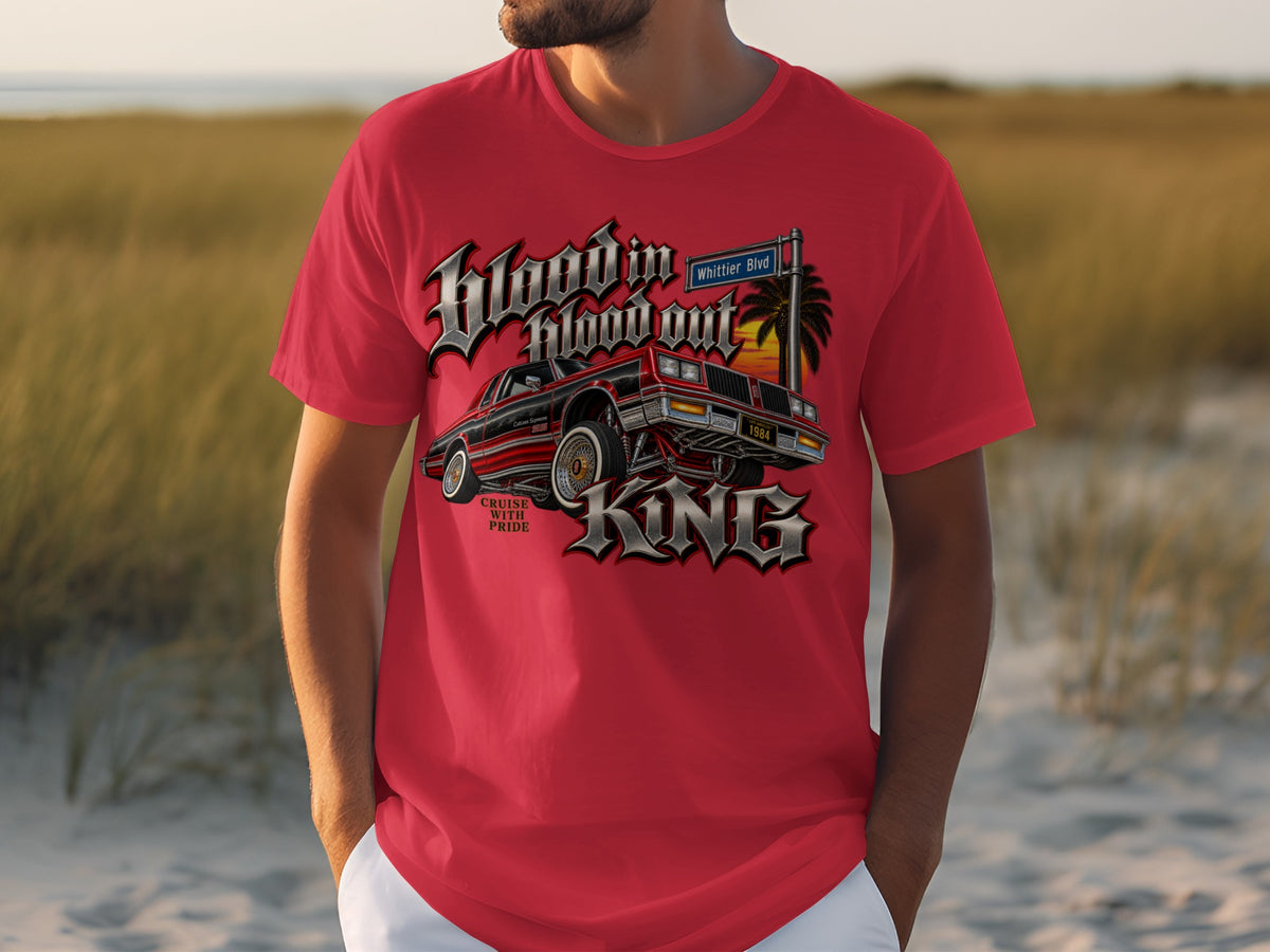 Red t-shirt with "Blood in Blood out" text and a lowrider car graphic.