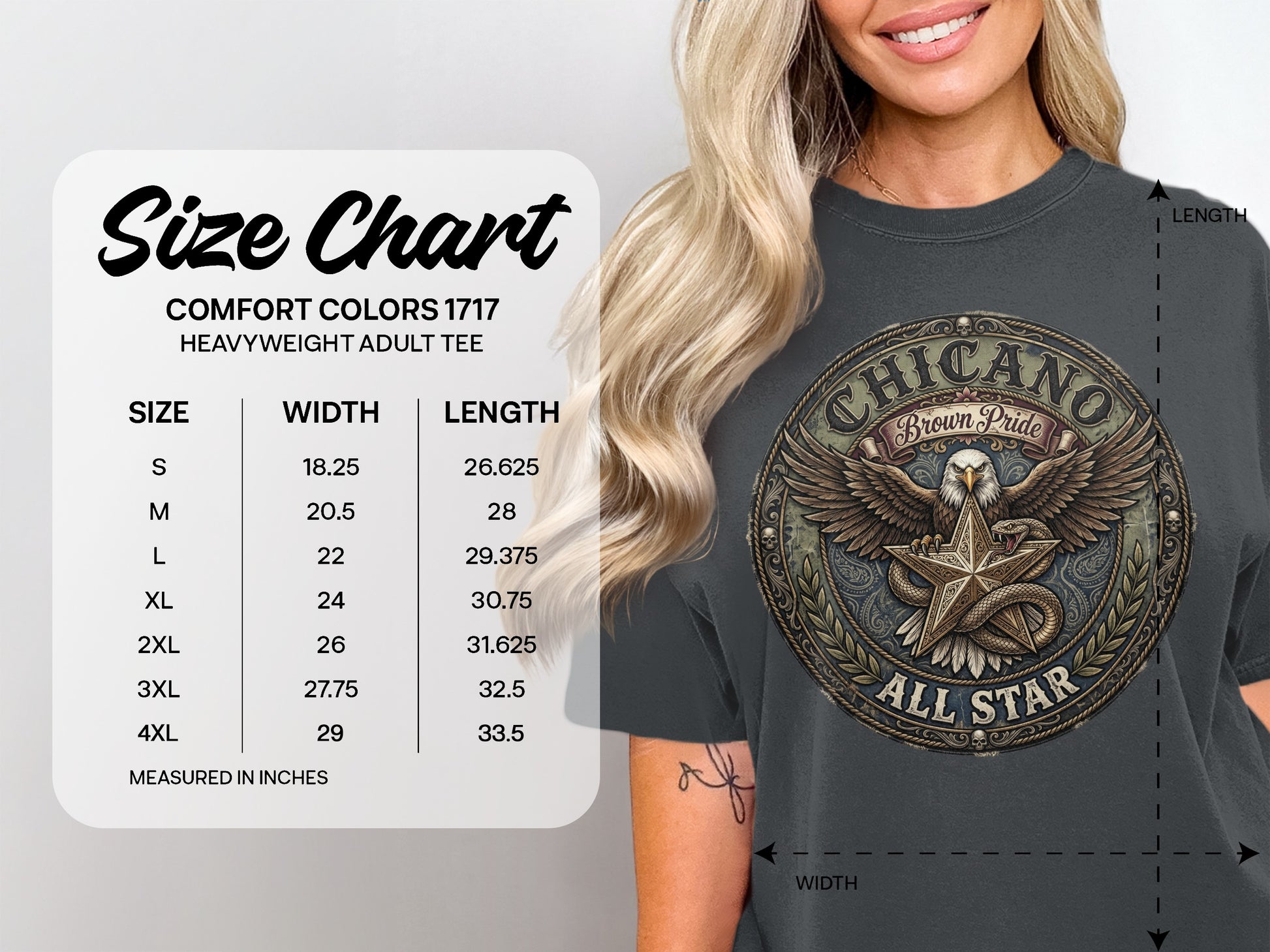 Size chart for Comfort Colors 1717 heavyweight adult tee with "Chicano Brown Pride All Star" graphic.