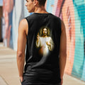 Black sleeveless shirt with Jesus Christ graphic and glowing halo.